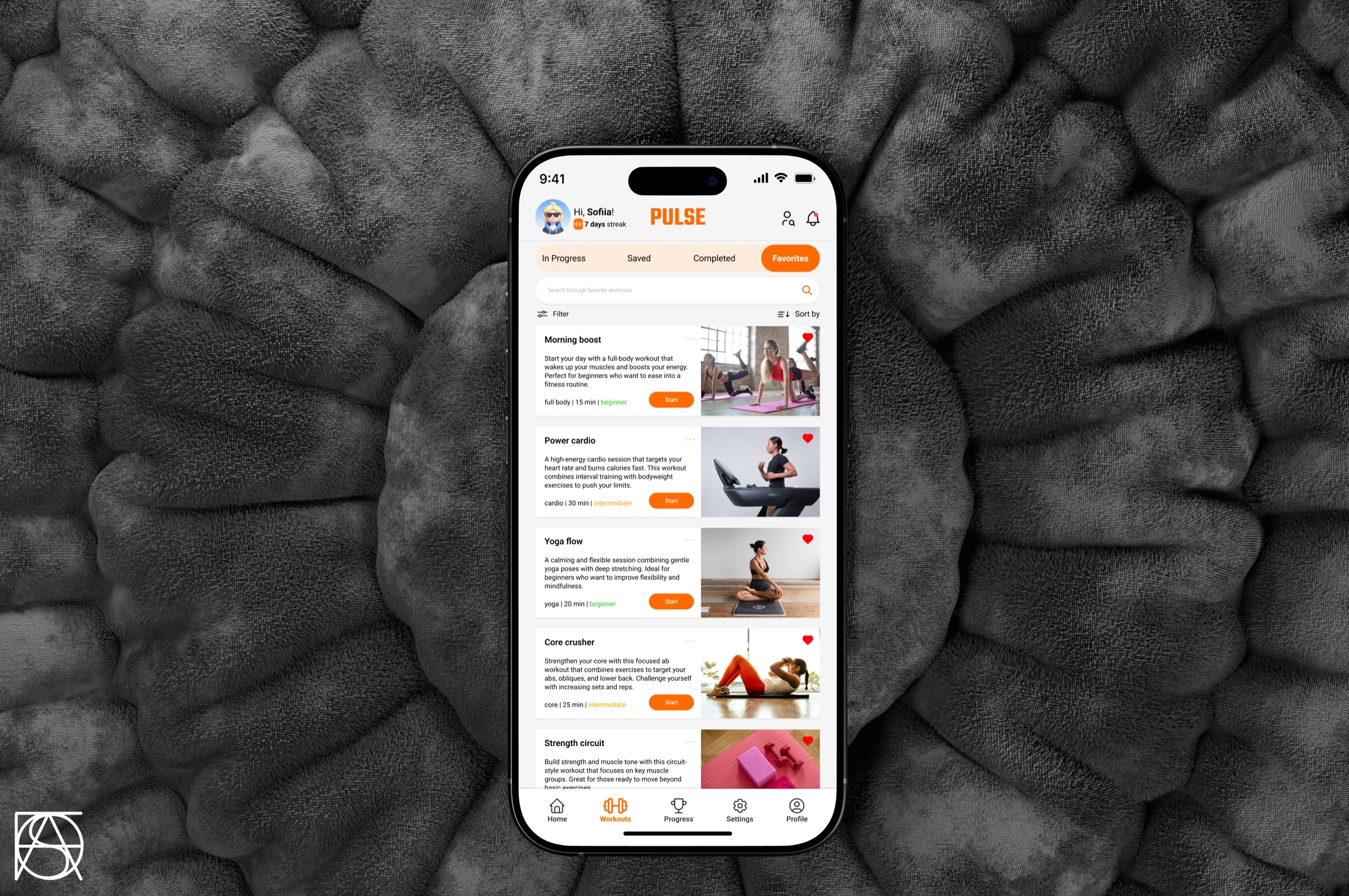 Pulse workout app - Favorites screen design